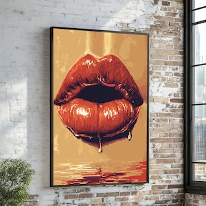Dripping Lips Canvas, Glossy Lips Art, Wall Art Canvas Design, Bold Lips Poster, Ready to Hang Decoration, Modern Home Decor
