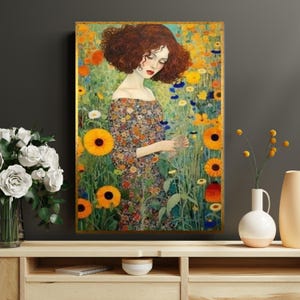 Gustav Klimt,Dreamy Floral Girl Canvas, Woman in Flower Field Art, Romantic Floral Canvas Print, Elegant Wall Art Design, Ready to Hang