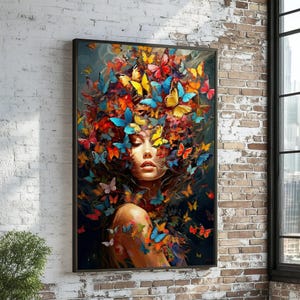 Schmetterlingstraum Leinwand, Frau mit Schmetterlingen Wandkunst, Buntes Schmetterling Porträt, Wand Kunst Leinwanddesign, Fertig zum Aufhängen Dekoration