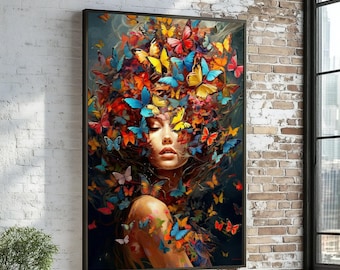 Butterfly Dream Canvas, Woman with Butterflies Wall Art, Colorful Butterfly Portrait, Wall Art Canvas Design, Ready to Hang Decoration