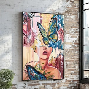 Abstract Female Portrait Canvas, Colorful Butterfly Wall Art, Modern Mixed Media Canvas, Contemporary Home Decor, Artistic Statement Piece