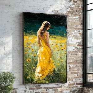 Woman in Yellow Dress Canvas, Floral Field Wall Art, Impressionist Style Painting, Summer Landscape Canvas, Elegant Female Art Decor