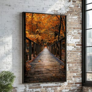 Autumn Bridge Canvas, Fall Forest Pathway, Nature Wall Art, Scenic Canvas Wall Print, Fall Colors Decor, Wall Art Canvas Design, Ready to