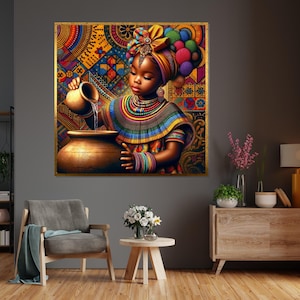 African Heritage Canvas, African Girl Pouring Water, Cultural Portrait Art, Colorful Traditional Dress, Wall Art Canvas, Ready to Hang