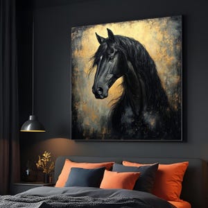 Majestätische schwarze Pferdeleinwand, Pferdeportrait-Wandkunst, Pferdewanddruck, elegante Pferdekunst, Wand-Kunst-Leinwand-Design, fertig zum Aufhängen