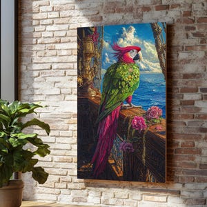 Tela vibrante con pappagallo pirata, decorazione murale con uccelli tropicali, vista nautica sull'oceano, tela con fauna selvatica esotica, decorazione con piume colorate, pronta da appendere