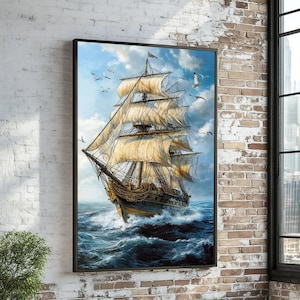 Majestuoso velero, arte náutico en lienzo, arte de pared con paisaje marino, diseño de lienzo marítimo, decoración náutica lista para colgar, póster del océano