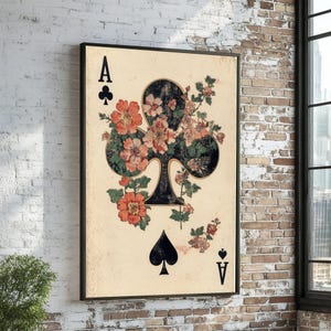 Floral Ace of Clubs-doek, vintage botanische kunst, speelkaartkunst, muurkunst canvasontwerp, klaar om op te hangen decoratie
