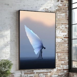 Silhouette di ali di farfalla eteree su tela, arte murale fantasy, figura onirica con ali luminose, decorazione mistica per la casa, tela moderna