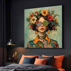 Modern Floral Portrait Canvas, Woman with Sunglasses Wall Art, Colorful Botanical Canvas, Contemporary Fashion Illustration, Home Decor