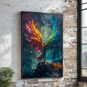 Colorful Angel Wings, Multicolor Winged Figure, Canvas Wall Art, Abstract Angel, Ready to Hang Decoration, Vibrant Wing Design