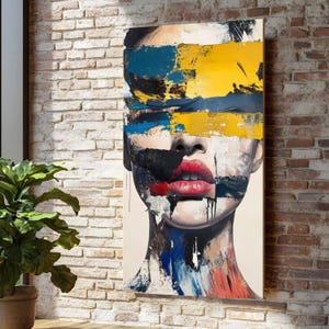 Lienzo abstracto con retrato, rostro colorido, diseño de arte moderno para pared, arte mural con trazos atrevidos, listo para colgar.