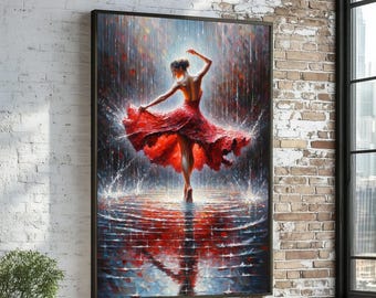 Dancing in the Rain Canvas, Red Dress Ballerina Art, Dance Wall Art, Canvas Design, Ready to Hang Decoration, Elegant Dancer Poster