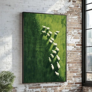 Tela minimalista con pecore, stampa murale con pascolo verde, stampa moderna con animali, opera d'arte con pecore bianche, tela ispirata alla natura, design di tela per decorazioni murali