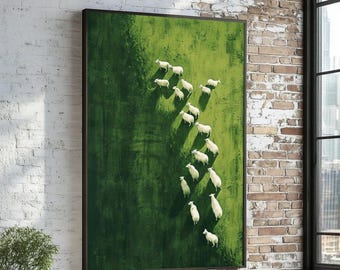 Minimalist Sheep Canvas, Green Pasture Wall Art, Modern Animal Print, White Sheep Artwork, Nature Inspired Canvas, Wall Art Canvas Design