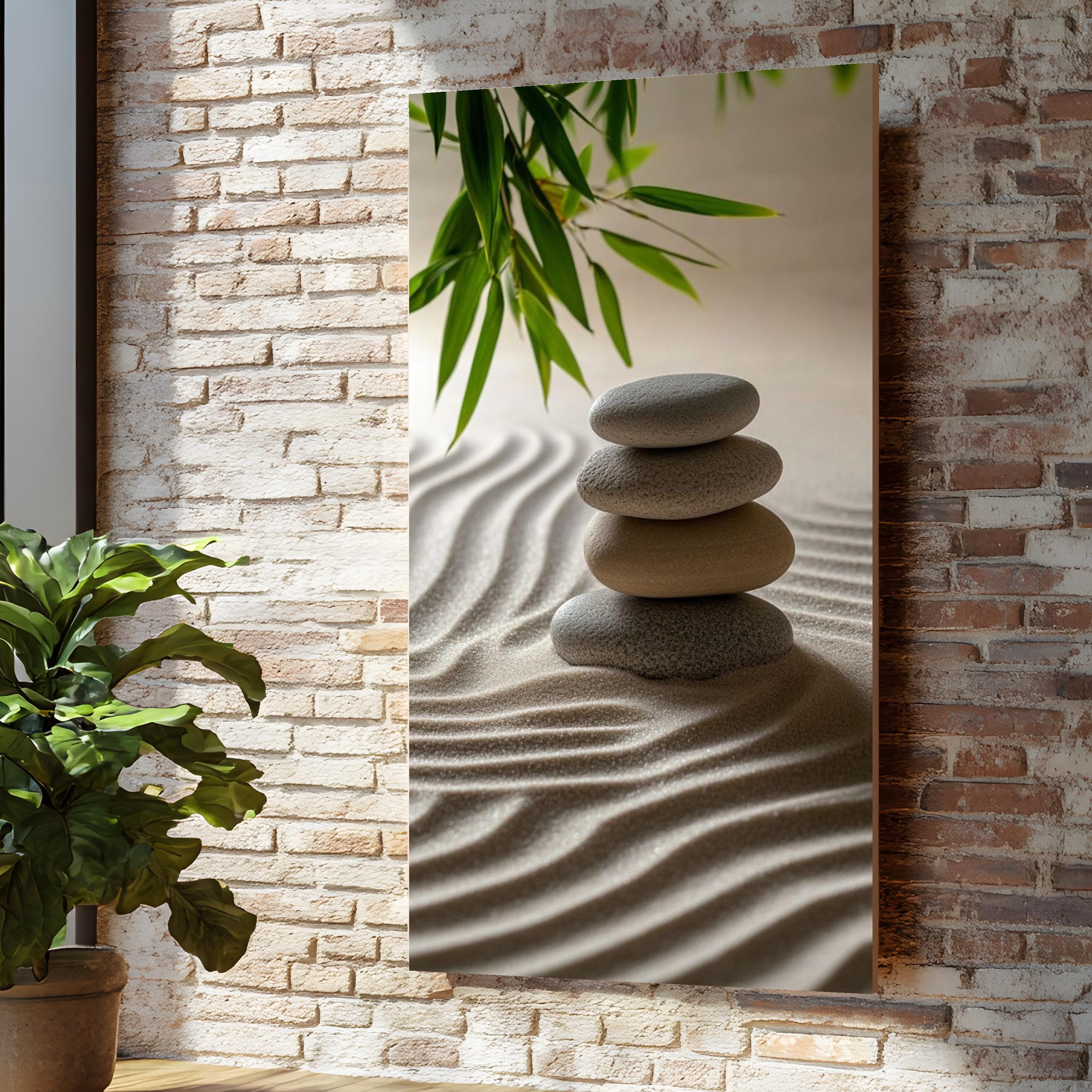 Zen Garden Stones Canvas, Tranquil Sand Pattern, Bamboo Leaves Art, Calming Wall Art, Zen Decor Canvas, Ready To Hang Meditation Piece