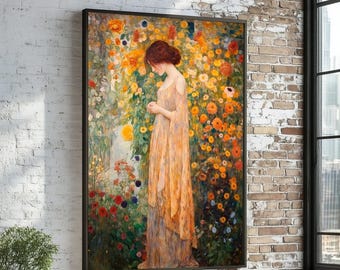 Gustav Klimt, Elegant Lady in Flowers Canvas Art, Woman in Orange Dress Print, Floral Wall Art, Canvas Design, Ready To Hang Decoration