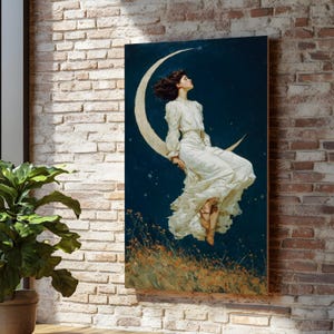 Elegante donna su tela con luna crescente, etereo cielo notturno, decorazione da parete, stile vintage, decorazione da sogno per la casa, tela pronta da appendere
