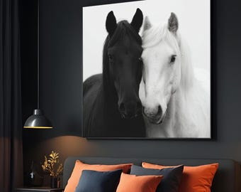 Black and White Horses Canvas, Monochrome Equine Wall Art, Horse Duo Wall Print, Animals Poster, Wall Art Canvas Design, Ready to Hang