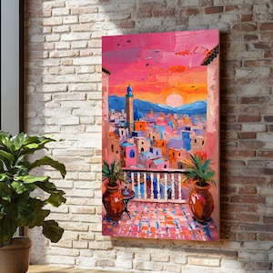 Vibrant Mediterranean Sunset View, Balcony Cityscape Canvas, Colorful Town Wall Art, Abstract Urban Landscape, Home Decor Painting