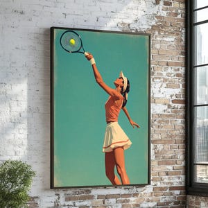 Tela de saque de tênis, arte de atleta feminina, pôster de tênis, design de tela de arte de parede, decoração esportiva pronta para pendurar