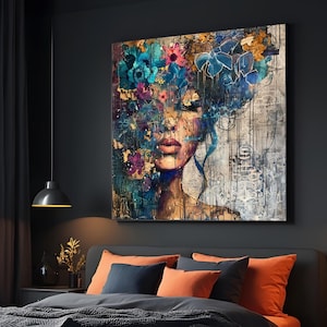 Lienzo abstracto con retrato floral de mujer, decoración de pared de arte moderno, rostro colorido y flores, lienzo de técnica mixta, decoración contemporánea para el hogar.