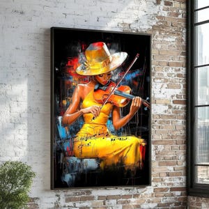 Elegant Woman Playing Violin Canvas, Musical Instrument Art, Yellow Dress Wall Art, Modern Music Canvas, Vibrant Home Decoration