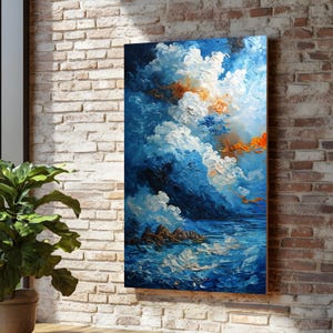 Quadro su tela con onde oceaniche vibranti, dipinto di paesaggio marino blu, arte murale astratta costiera, dipinto su tela con cielo e nuvole, arredamento moderno per la casa pronto da appendere