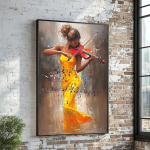 Elegant Woman Playing Violin Canvas, Musical Instrument Wall Art, Modern Abstract Art, Yellow Dress Painting, Music Notes Canvas Decor