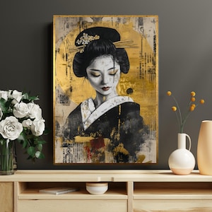 Geisha Elegance Canvas, Japanese Art Print, Gold and Black Wall Art, Wall Art Canvas Design, Ready to Hang Decoration