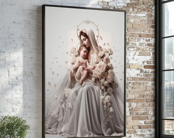 Serene Madonna and Child Canvas, Floral Embrace Wall Art, Religious Art Print, Canvas Design, Ready to Hang, Holy Mother and Child Decor