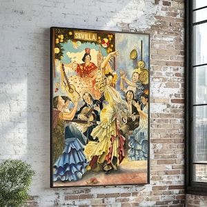 Flamenco Dance Performance Canvas, Traditional Spanish Art, Sevilla Culture Wall Art, Colorful Flamenco Dresses, Musical Celebration Canvas