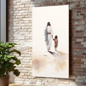 Lienzo de paseo celestial, arte espiritual, póster de Jesús y el niño, arte de pared inspirador, diseño de lienzo, decoración de fe lista para colgar