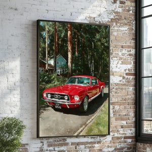 Vintage Red Mustang Canvas, Classic Car Wall Art, Mustang Poster, Automotive Canvas Design, Ready to Hang Decoration