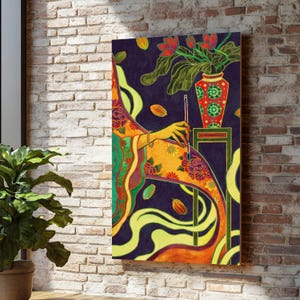 Oriental Woman Painting Canvas, Elegant Brush Art Poster, Asian Floral Wall Print, Lotus Vase Artwork, Colorful Woman Illustration, Wall Art