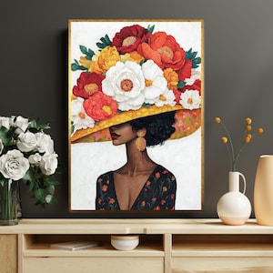 Floral Hat Elegance Canvas, Woman with Flowers, Fashion Wall Art, Canvas Design, Ready to Hang Home Decor, Stylish Portrait Print