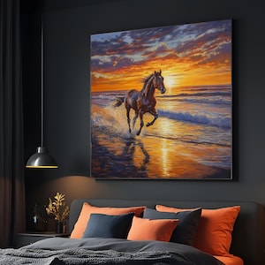 Galloping Horse Canvas, Sunset Beach Horse Art, Animal Wall Art, Horse Wall Print, Wall Art Canvas Design, Ready To Hang Decoration