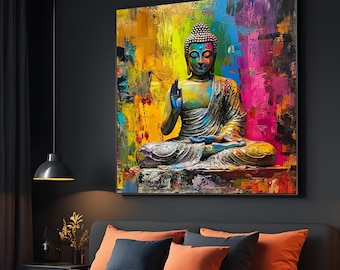 Kleurrijke Boeddha canvaskunst, veelkleurig Boeddha schilderij, Boeddha kunst aan de muur, spiritueel canvasontwerp, klaar om op te hangen zendecoratie