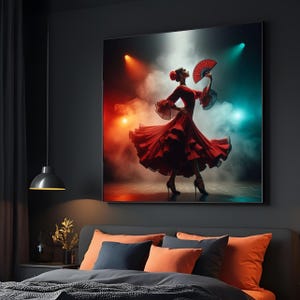 Flamenco Tänzer Leinwand, Spanische Tanzkunst, Rotes Kleid Wandkunst, Flamenco Leidenschaft, Wand Kunst Leinwanddesign, Fertig zum Aufhängen Dekoration