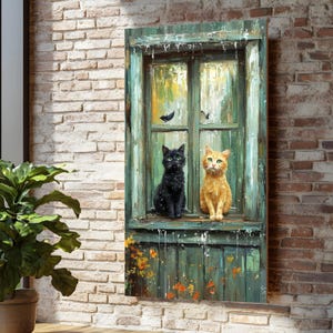 Two Cats Window Canvas, Rustic Cat Art, Animal Wall Print, Cats Canvas Design, Ready To Hang Decor, Feline Friends Poster, Vintage Style
