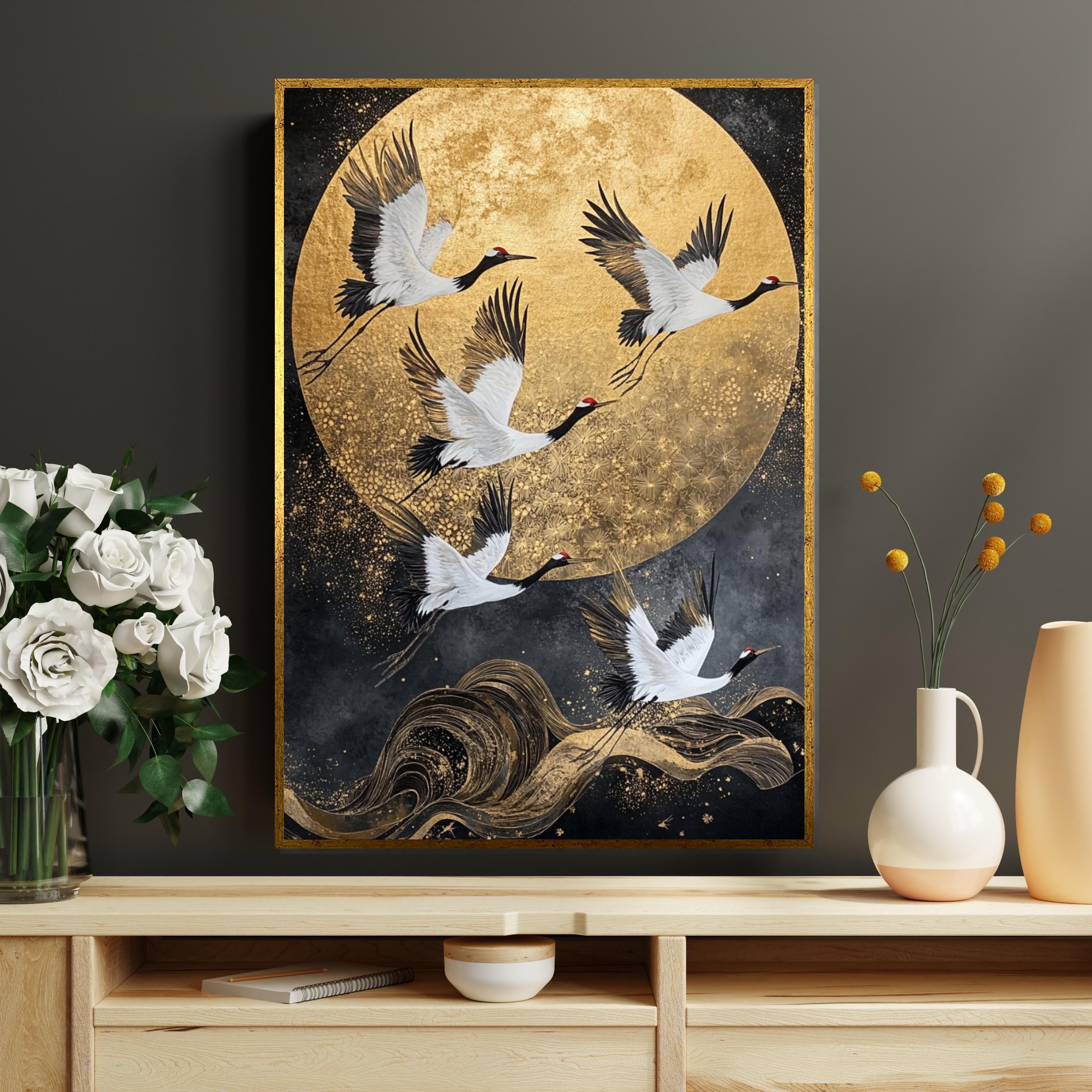Golden Crane Flight, Crane Canvas Art, Elegant Bird Wall Print, Japanese Crane Poster, Wall Art Canvas Design, Ready To Hang Decoration