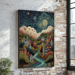 Wunderliche Dorfnachtlandschaft, Sternenhimmel Leinwand, Van Gogh Stil, Kunst auf Leinwand, fertig zum Aufhängen