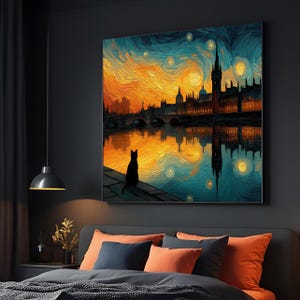 Sternenklare Stadtbild-Katze, Van Gogh-Art-Stadt-Wand-Kunst, Nachthimmel-Leinwand, Katzen-Silhouette-Kunst, Wand-Kunst-Leinwand-Design, fertig zum Aufhängen