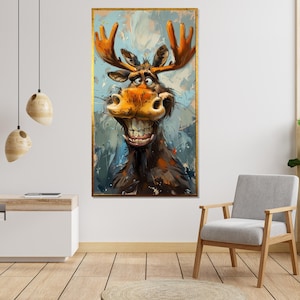 Tela di alce allegro, arte murale di alce dei cartoni animati, stampa murale di animali, design di tela artistica divertente, poster di alce sorridente, decorazione pronta da appendere