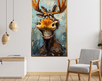 Cheerful Moose Canvas, Cartoon Moose Wall Art, Animal Wall Print, Fun Art Canvas Design, Smiling Moose Poster, Ready to Hang Decoration