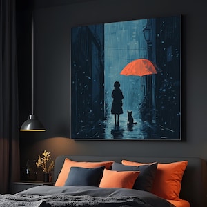 Rainy Reflection, Girl with Cat and Red Umbrella Canvas, Night Street Scene, Wall Art Canvas Design, Ready to Hang Decoration