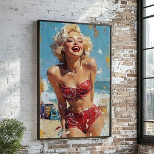 Marilyn Monroe,Retro Beach Smile Canvas, Vintage PinUp Girl Art, Nostalgic Wall Art, Red Bikini Print, Summertime Vibes, Ready to Hang