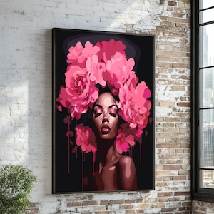 Elegante Frau mit rosa Blumenkrone Leinwand, moderne Porträt Wandkunst, weibliches Schönheitsdekor, lebendige Blumen Kopfstück Leinwand, fertig zum Aufhängen