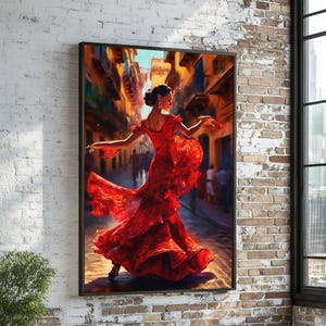 Flamenco Tänzer Leinwand, Spanische Straßenkunst, Rotes Kleid Wanddruck, Tanzkunst, Wandkunst Leinwanddesign, Fertig zum Aufhängen Dekoration