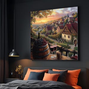 Rustic Vineyard Sunset, Wine Barrel Canvas, Scenic Village Art, Wall Art Canvas Design, Ready to Hang Decoration